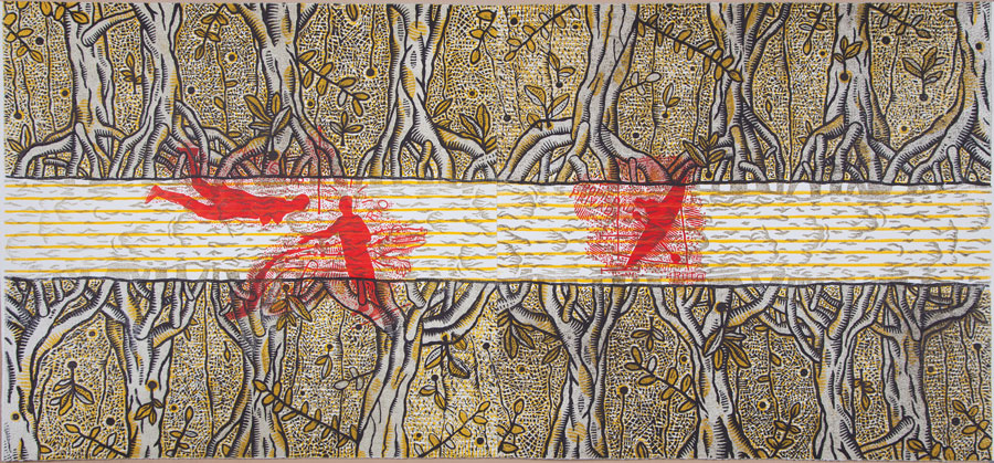 Habitantes del manglar, xilografía a color, 60 x 120, 2012.