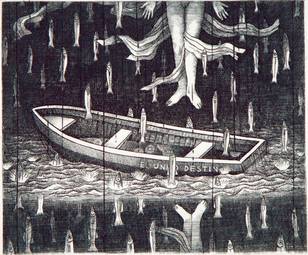 El vuelo del pez, grabado al buril, 12 x 14, 2006.
