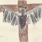 ©B.J. Carrick, Crucified crow, lápiz y tinta sobre papel crema, 21.6 x 28 in, 2011.